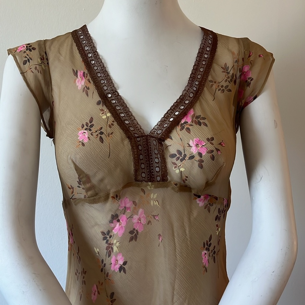 Vintage Betsy Johnson Shear Tan Floral Size S Dress New With Tag - Picture 2 of 12